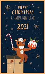 Fototapeta premium Christmas,Happy New Year Greeting Card.Cute Cartoon Bull Sitting on the Box of Gift Present,Biscuit Cake Stollen,Sweet Candy Cane.Cow 2021 Symbol.Holiday Winter Atmosphere.Calendar, Cards, Advertising