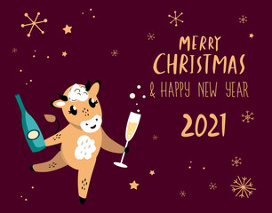Christmas,Happy New Year Greeting Card.Cute Cartoon Bull with Glass of Sparkling Champagne.Congratulate with Winter Holiday.Cow Chinese 2021 Symbol.Winter Festive Design for Calendar,Cards,Advertising