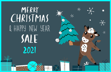 Happy New Year Advertising Banner.Christmas Shopping,Festive Purchases.Cute Cartoon Ox,Bull with Christmas Tree and Boxes of Gifts.Festive Holiday Poster, Card, Website.Advertising.Vector illustration