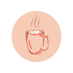 Cup or mug with hot drink icon. Cocoa, hot chocolate or coffee with marshmallow. Christmas and winter warm beverage. Vector illustration.