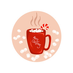 Christmas cup or mug with hot drink icon. Cocoa, hot chocolate or coffee with marshmallow and candy cane. Xmas and winter holidays banner or greeting card cartoon design element. Vector illustration.