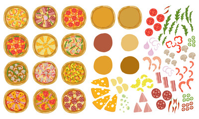 Pizza constructor set with base and toppings. Make or create your pizza. Vector illustration.