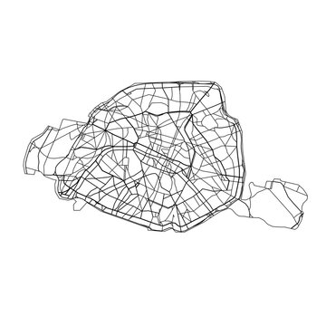 Map of Paris with black lines of different thickness on white background. Vector illustration.