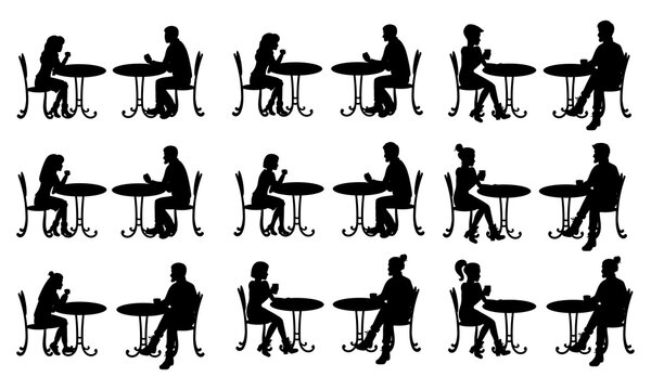 People sitting at the table in a restaurant silhouettes. Man and woman, couple sitting in a cafe or cafeteria set. Vector illustration.