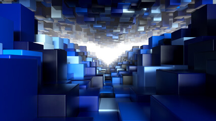 Abstract geometric tunnel made of blue cubes with random movement. 3d illustration