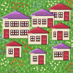 Cute houses. Pixel art style. Village pixel art. Vector picture. Village among flower gardens.