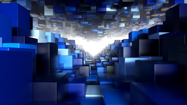 Fototapeta Abstract geometric tunnel made of blue cubes with random movement. 3d illustration