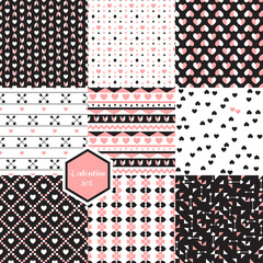 Fototapeta premium Set of textures with hearts. Seamless geometric abstract patterns. Can be used in textiles, for book design, website background.