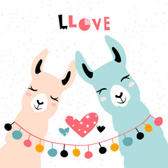 Llama Alpaca. Pair of loving llamas. Vector illustration