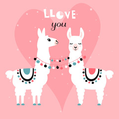 Llama Alpaca. Pair of loving llamas. Vector illustration