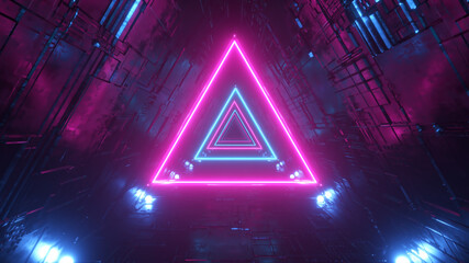 Sci-fi tunnel with neon triangles. Endless flight forward. Modern neon lighting. 3d illustration