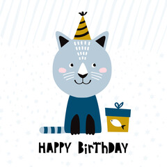 Obraz na płótnie Canvas Cute cat. Happy Birthday cartoon vector illustration