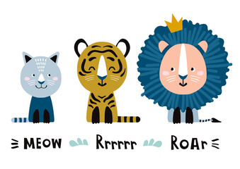 Cute lion, tiger and cat and english text: Meow, Rrrrrr, Roar. Cartoon vector illustration