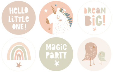 Funny Hand Drawn Magic Party Vector Toppers with Cute unicorn, Rainbow and Little Birds Isolated on a Brown, Green and White Background. Simple Infantile Style Nursery Art ideal for Candy Bar Tags.