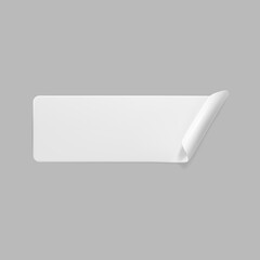 White glued rectangle sticker with curled corners mock up. Blank white adhesive paper or plastic sticker label with wrinkled and creased effect. Template label tag close up. 3d realistic vector