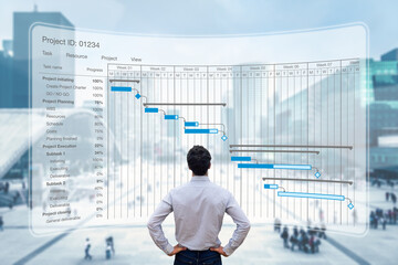 Project manager working with Gantt chart planning schedule, tracking milestones and deliverables and updating tasks progress, scheduling and management skills, program strategy - obrazy, fototapety, plakaty