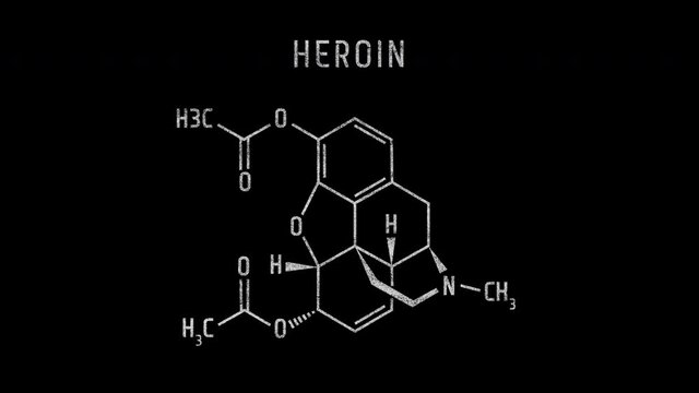 Heroin also known as diacetylmorphine and diamorphine Molecular Structure Symbol Sketch or Drawing Animation on black background and Green Screen