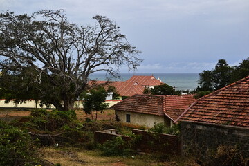 Colonial british houses with shingles orange roof tiles, Kanyakumari, India