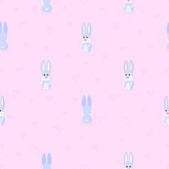 Cute rabbit. Seamless vector pattern on pink background with hearts