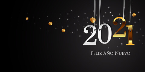 Naklejka premium 2021 New Year Spanish greeting card (Feliz Año Nuevo 2021). Spanish 2021 New Year Version. Spanish 2021 Happy New Year background.