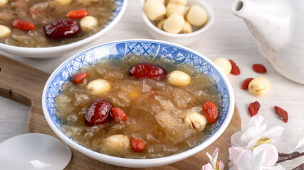 Close up of sweet snow white fungus soup with lotus seed, Chinese red dates and wolfberry.