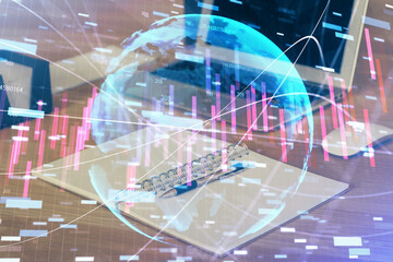 Multi exposure of chart and financial info and work space with computer background. Concept of international online trading.