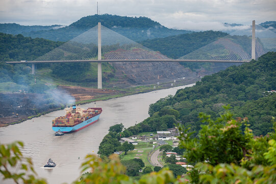 A Cargo Ship passes under the Centennial Bridge, Panama Canal 