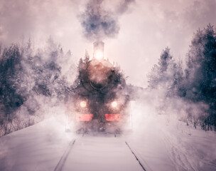 Old vintage train in the snow. Winter snow forest train ride in winter snow forest. Fairy tale winter landscape. Retro style postcard  