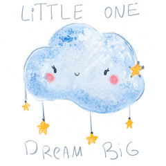 Cute cloud with hanging stars. Digital watercolor illustration for baby shower cards and children design