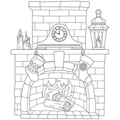 Christmas fireplace with clock black and white illustration for coloring