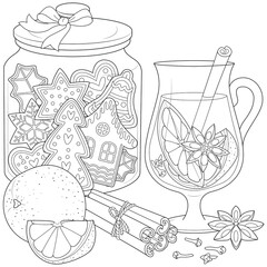 Christmas sweets with grog black and white illustration for coloring