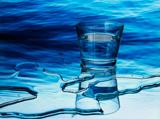 Glass of water on blue sea background with reflection in the mirror and water splashes 