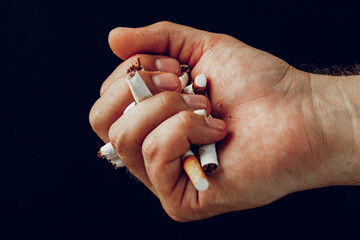 Male hand breaking cigarettes close up quitting habit