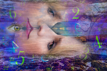 Woman's face and numerology in lilac tonesn