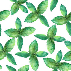 Seamless pattern peppermint leaves on white background. Watercolor hand drawing illustration. Perfect for wallpaper, poster, fabric, digital paper.