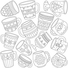 Christmas beautiful mugs black and white vector illustration