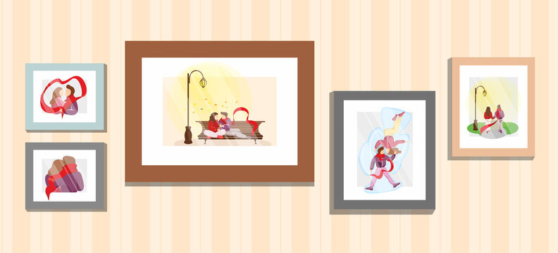 Young couple in love family memories portrait photos frames on wall with wallpaper. Boyfriend and girlfriend relationship moments vector flat illustration