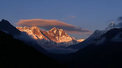 Foto auf Acrylglas Ama Dablam Stunning panorama view of Mount Everest massif (including Nuptse and Lhotse) and Ama Dablam with illuminated peaks in the evening sun before sunset from Namche Bazar, Khumbu, Himalayas, Nepal.