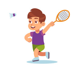 Boy plays badminton. Happy preschool athlete with racket and shuttlecock on court, little kid playing outdoors, leisure time kindergarten and sport school activity vector character