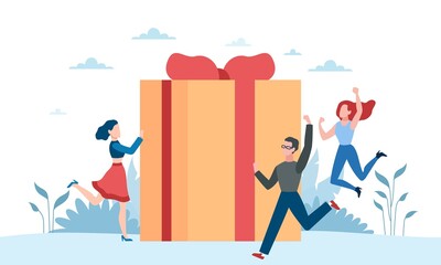 Online reward. Receive gift, customers congratulations win prize and award ceremony, tiny people and huge box with ribbon and bow, loyalty program and bonus flat vector cartoon concept