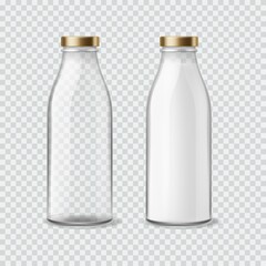 Milk bottle. Realistic empty and full bottles for liquids, closed packaging with golden cap, 3d mockup of glass container for drinks. Blank product advertising template vector set