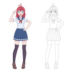 Anime manga girl. Comic japanese style smiling young woman in marine uniform, short skirt cosplay clothes, kawaii asian teen standing vector female colored and coloring book character