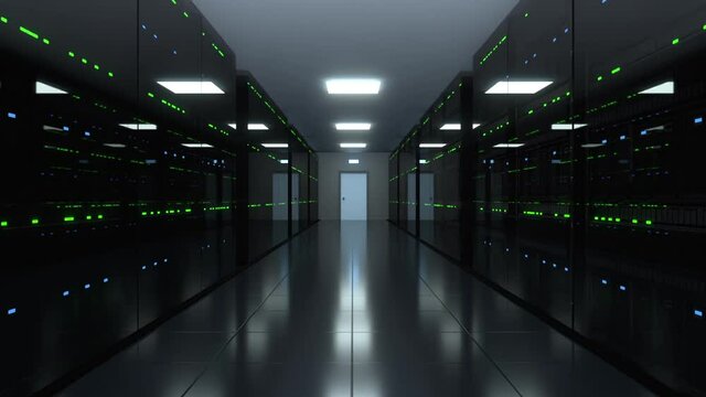 Server room Modern interior server data center. 3D footage animation of Deep corridor with blinking Storage and mega computers for Hosting, Bitcoin mining farm and Machine learning in Full HD. 