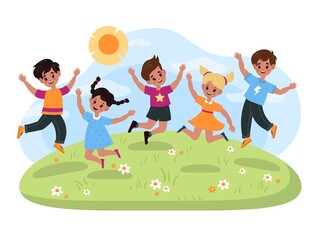 Happy jumping kids. Joyful school cute children, boys and girls have fun and jump together outdoor, little friends smile kindergarten in park vector cartoon flat childhood concept