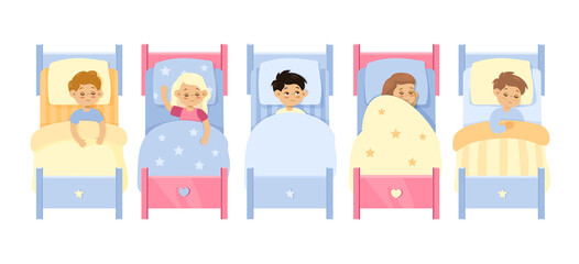 Kids in bed. Asleep children boys and girls rest and sleep under blankets at night bedtime in home or kindergarten, comfortable furniture for baby flat cartoon vector isolated concept