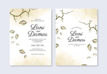 Watercolor leaves and minimalist splashes for a beautiful wedding invitation template