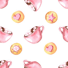 Hand drawn watercolor pattern : cup of cacao and cookies on white background