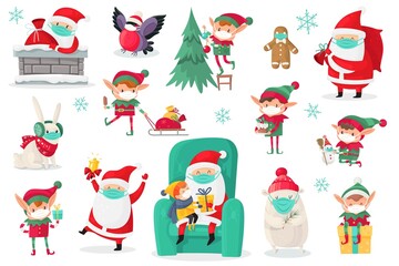 Cartoon christmas characters wearing medical masks. Santa, elves and animals in protect mask, antiviral protective measure, stop spread viruses and beware epidemic covid-19 vector set