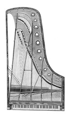 Obraz premium Cast iron skeleton frame of a concert piano, 19th century illustration