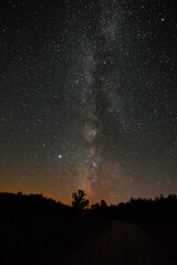 Starry sky in summer night with the Milky Way and great variety of colors. Forest with shadows. Panoramic photography